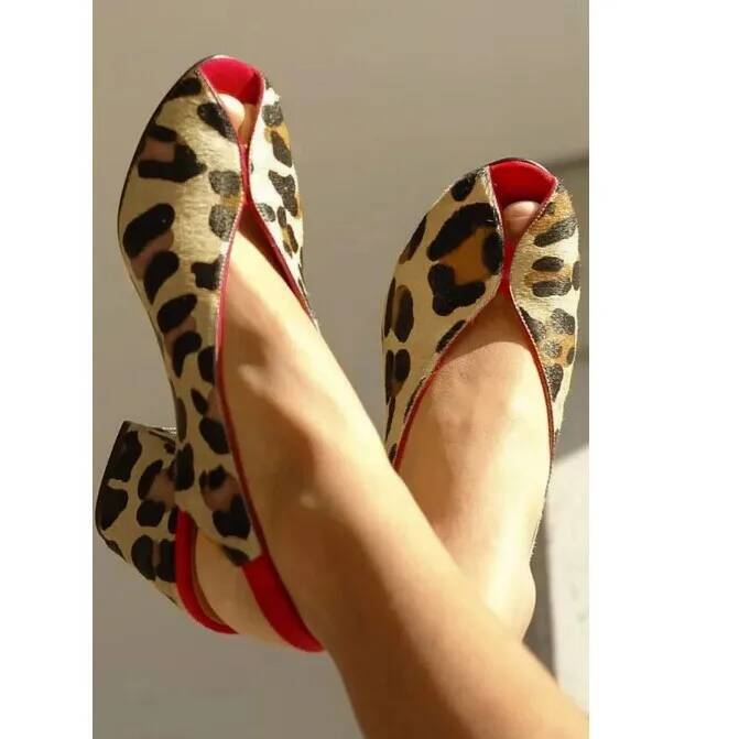Shoes Heels Men - Leopar Desenli Peep Toe Slingback Kadın