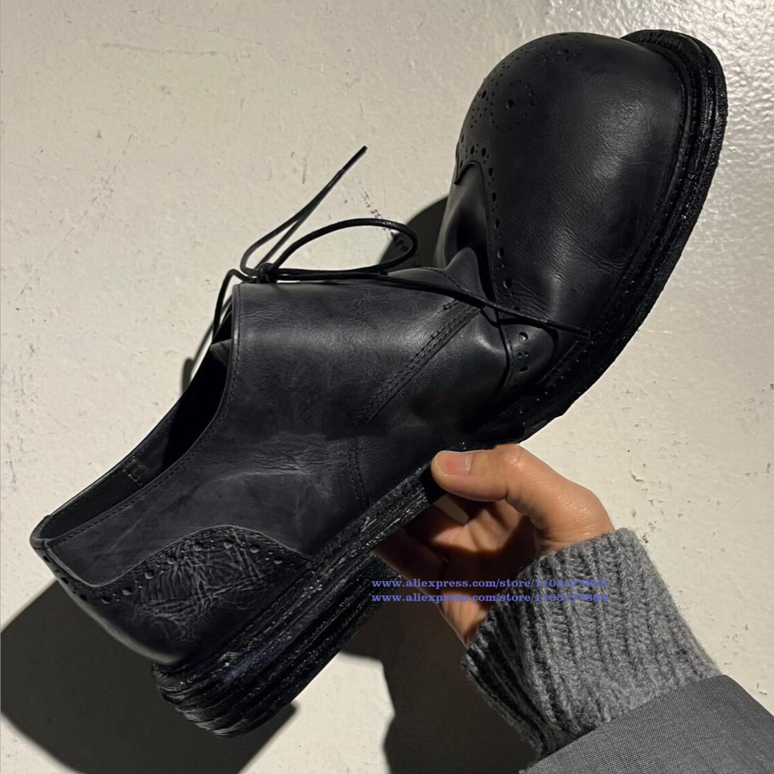 Oxford Brogue Leather - Vintage Siyah Deri Brogue Bağcıklı Oxford