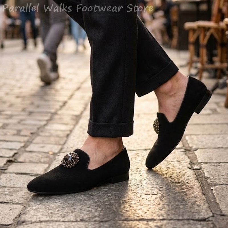 Men Shoes Formal - Erkek Süet Loafer'lar Kristal Taşlı Süsleme