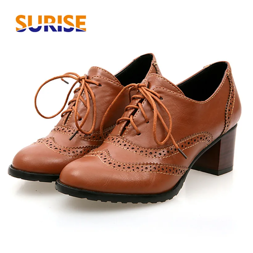 Oxford Brogue Leather - İngiliz Kadın Oxfords Yüksek Blok Topuklu
