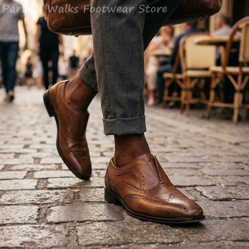 Oxford Brogue Leather - Erkek Kahverengi Deri Brogue Ayakkabılar Elastik